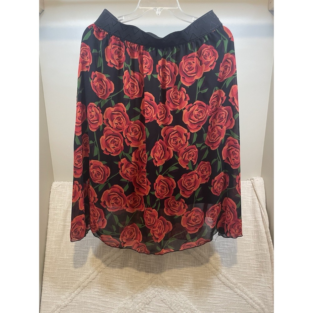 Lularoe Lola Lined Semi Sheer Black Red Roses Skirt Women's M Whimsigoth Floral